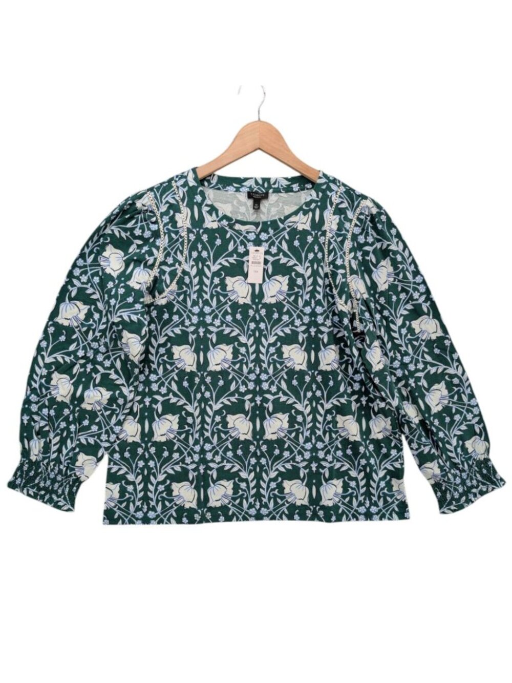 Talbots Lattice Trim Top Womens Green White Intricate Flowers Long Sleeve Sz 1XP